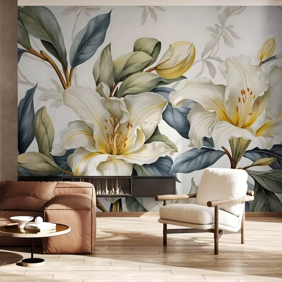 murales de pared Pintura de lirios blancos con detalles amarillos y hojas verdes y marrones, sobre fondo claro w08661
