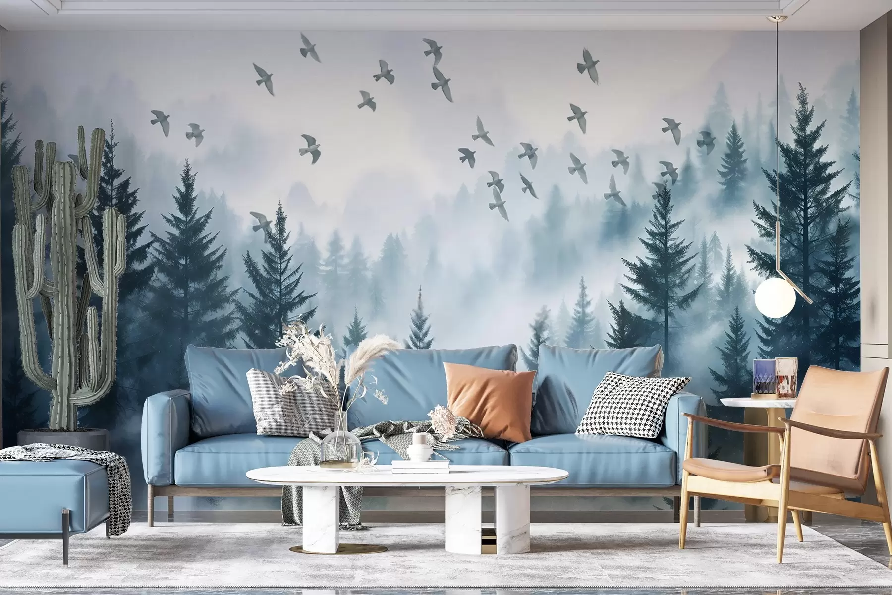 murales de pared Tranquilo bosque de niebla con árboles en tonos azules y bandadas de pájaros volando en el cielo w08664
