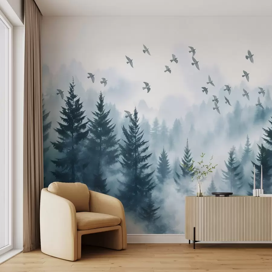murales de pared Tranquilo bosque de niebla con árboles en tonos azules y bandadas de pájaros volando en el cielo w08664