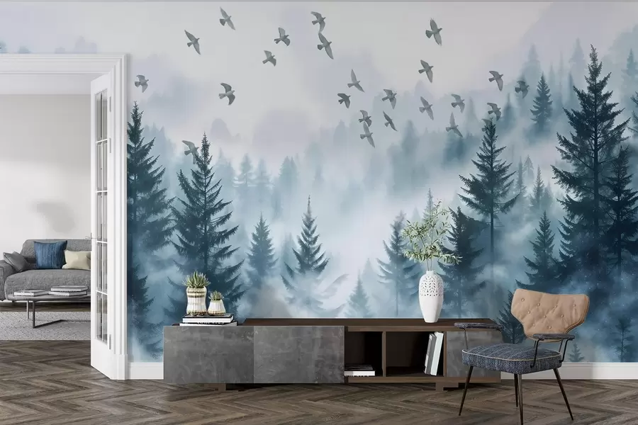 murales de pared Tranquilo bosque de niebla con árboles en tonos azules y bandadas de pájaros volando en el cielo w08664