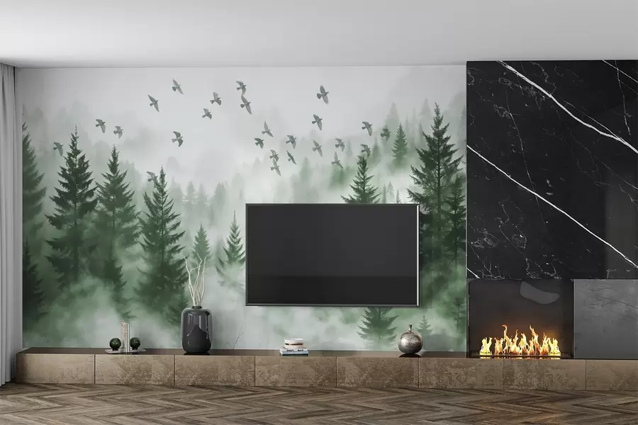 murales de pared Tranquilo bosque de niebla con árboles en tonos verdes y bandadas de pájaros volando en el cielo w08664v1