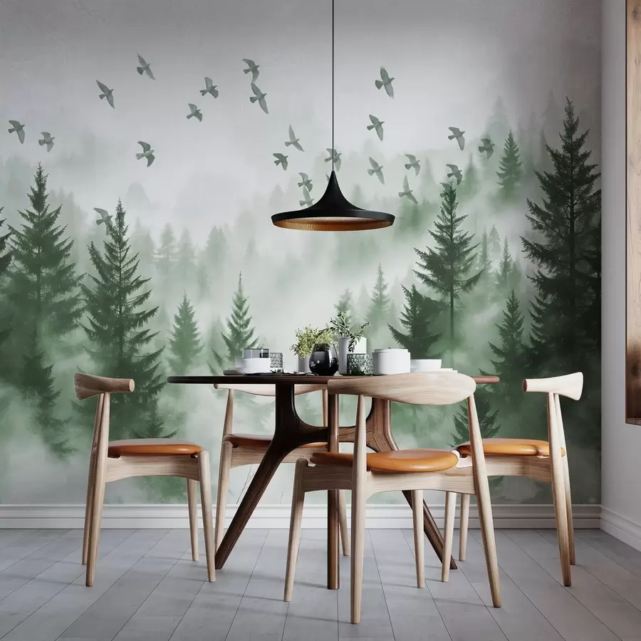 murales de pared Tranquilo bosque de niebla con árboles en tonos verdes y bandadas de pájaros volando en el cielo w08664v1