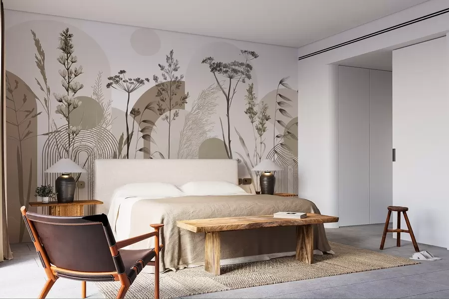 murales de pared Colección de plantas y flores en tonos neutros sobre fondo de arco abstracto en suaves tonos beige y marrón w08665