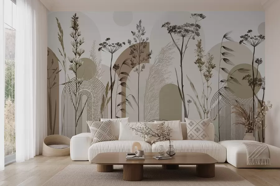 murales de pared Colección de plantas y flores en tonos neutros sobre fondo de arco abstracto en suaves tonos beige y marrón w08665