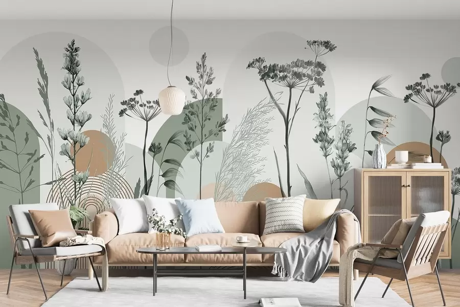 murales de pared Colección de plantas y flores en tonos neutros sobre fondo de arco abstracto en suaves tonos verdes y naranjas w08665v1