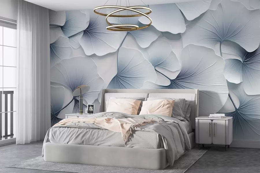 murales de pared Hojas de ginkgo azul claro con suaves degradados y delicadas venas, superpuestas unas a otras w08666
