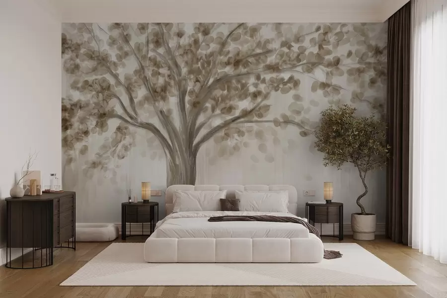 murales de pared Un gran árbol con hojas suaves y abstractas de color beige sobre un fondo claro y neutro que realza los tonos del árbol w08669