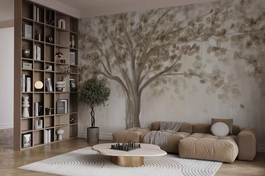 murales de pared Un gran árbol con hojas suaves y abstractas de color beige sobre un fondo claro y neutro que realza los tonos del árbol w08669