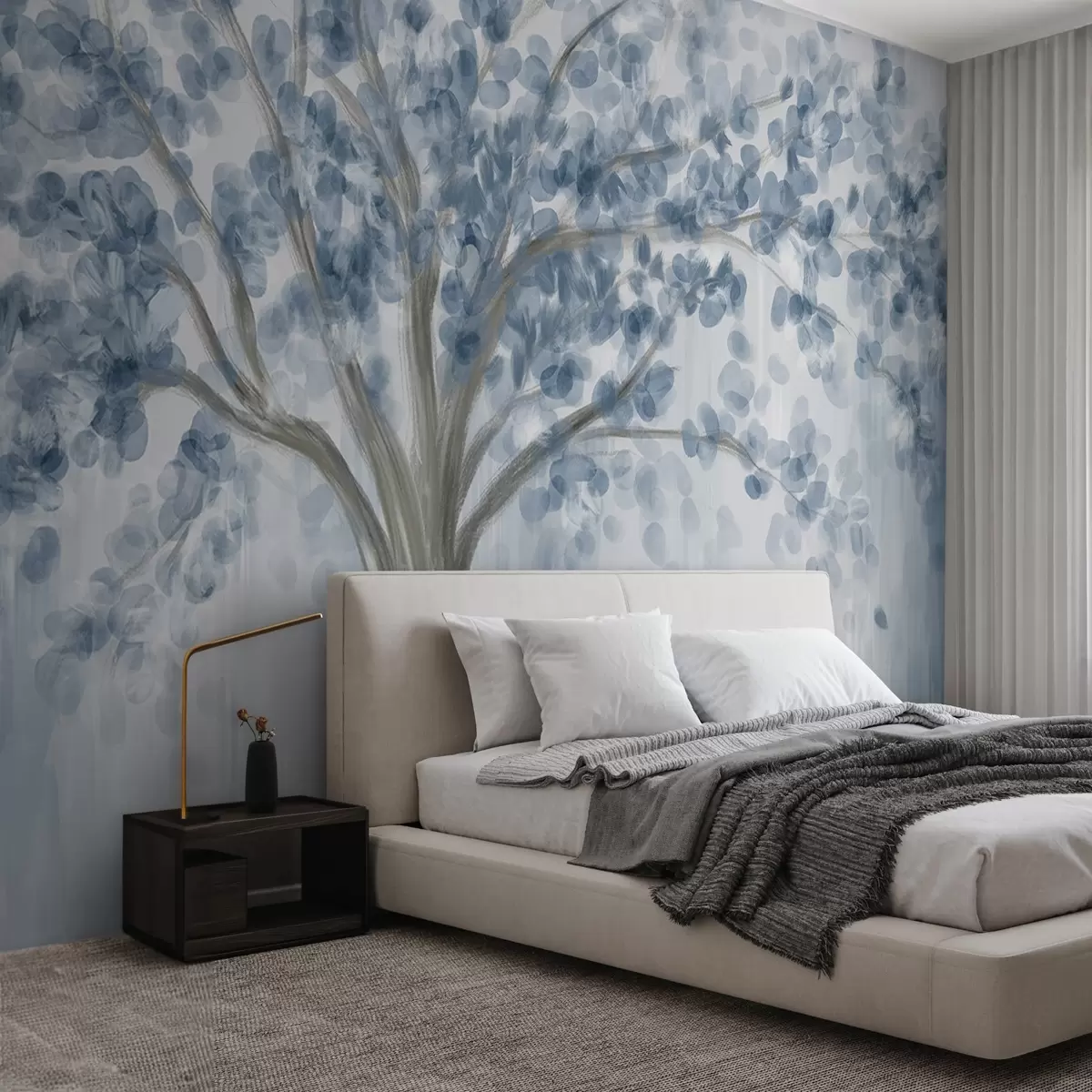 murales de pared Un gran árbol con hojas suaves y abstractas en azul sobre un fondo claro y neutro que realza los tonos del árbol w08669v1