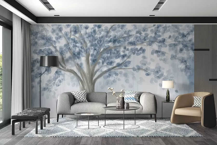 murales de pared Un gran árbol con hojas suaves y abstractas en azul sobre un fondo claro y neutro que realza los tonos del árbol w08669v1
