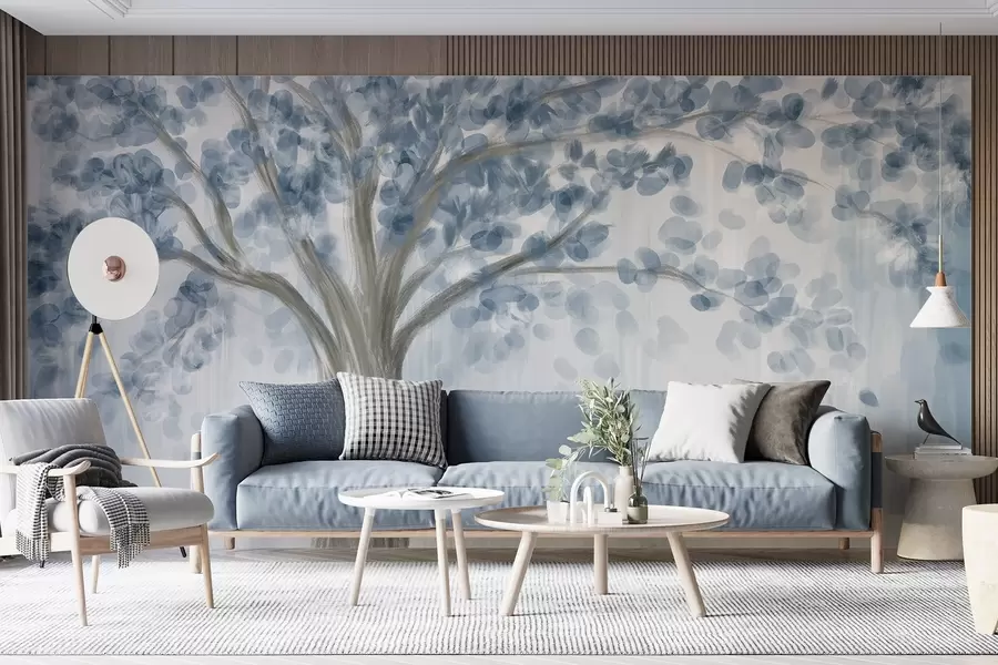 murales de pared Un gran árbol con hojas suaves y abstractas en azul sobre un fondo claro y neutro que realza los tonos del árbol w08669v1
