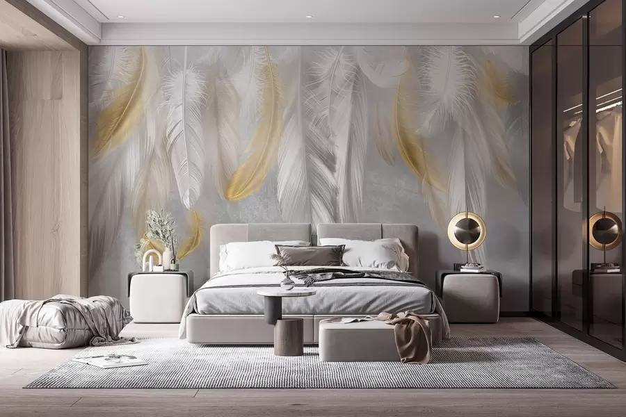 murales de pared Plumas blancas y amarillas que cuelgan sobre un fondo gris suave, creando una composición delicada y aérea w08670