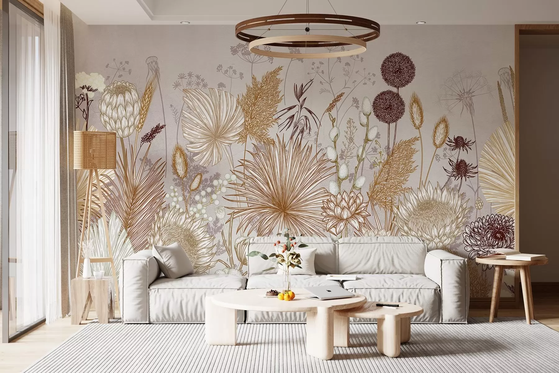 murales de pared Flores y plantas en cálidos tonos beige de estilo botánico que muestran una gran variedad de formas y texturas w08672