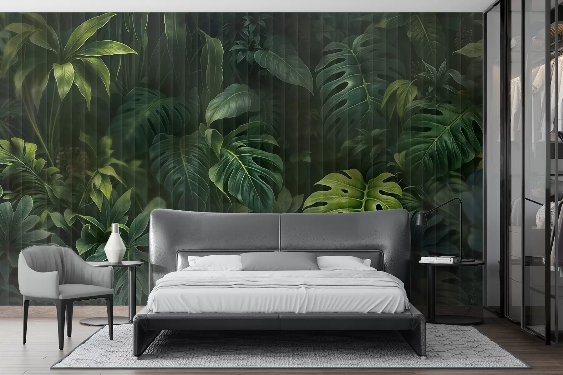 murales de pared Estampado tropical oscuro difuminado y texturizado con varias hojas verdes, incluidas hojas de monstera y de palmera w08673