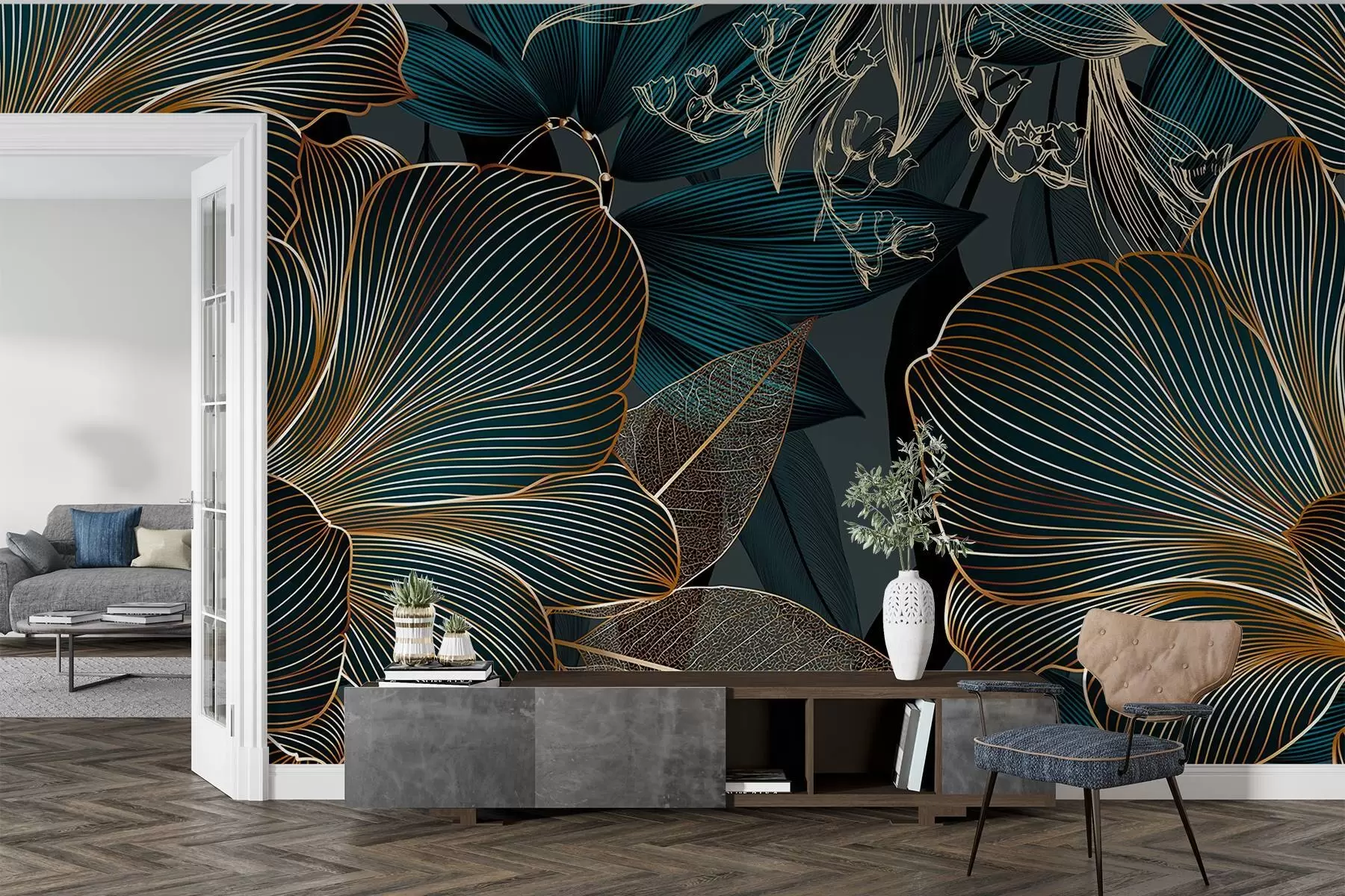 murales de pared Flores y hojas estilizadas con intrincadas líneas en tonos verde azulado y amarillo sobre fondo oscuro w08675