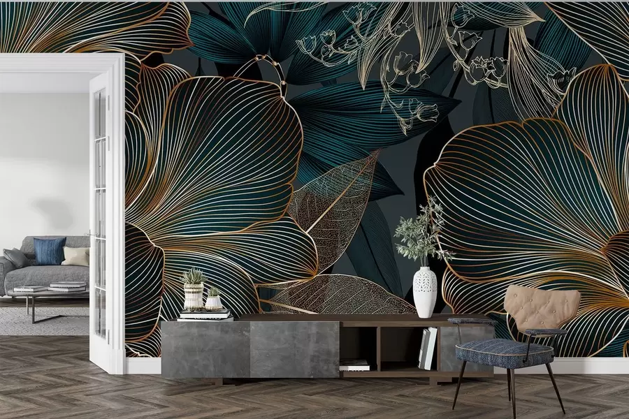 murales de pared Flores y hojas estilizadas con intrincadas líneas en tonos verde azulado y amarillo sobre fondo oscuro w08675