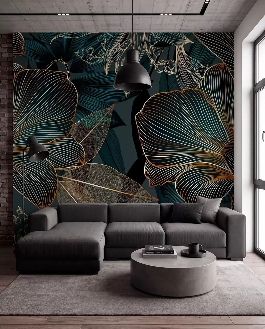 murales de pared Flores y hojas estilizadas con intrincadas líneas en tonos verde azulado y amarillo sobre fondo oscuro w08675