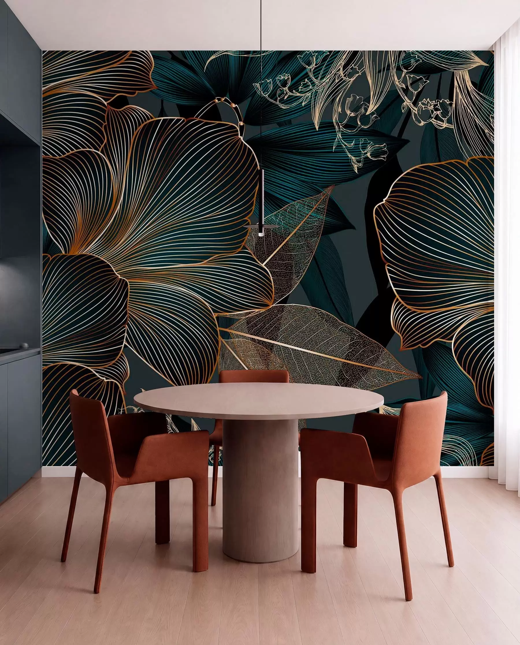 murales de pared Flores y hojas estilizadas con intrincadas líneas en tonos verde azulado y amarillo sobre fondo oscuro w08675