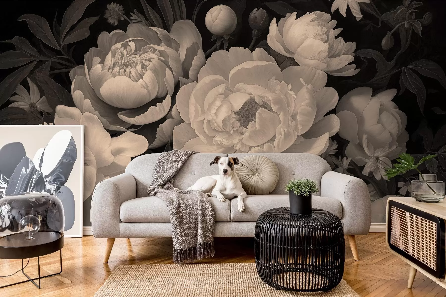 murales de pared Elegante ramo de peonías y flores en tonos sepia sobre fondo oscuro w08689v1