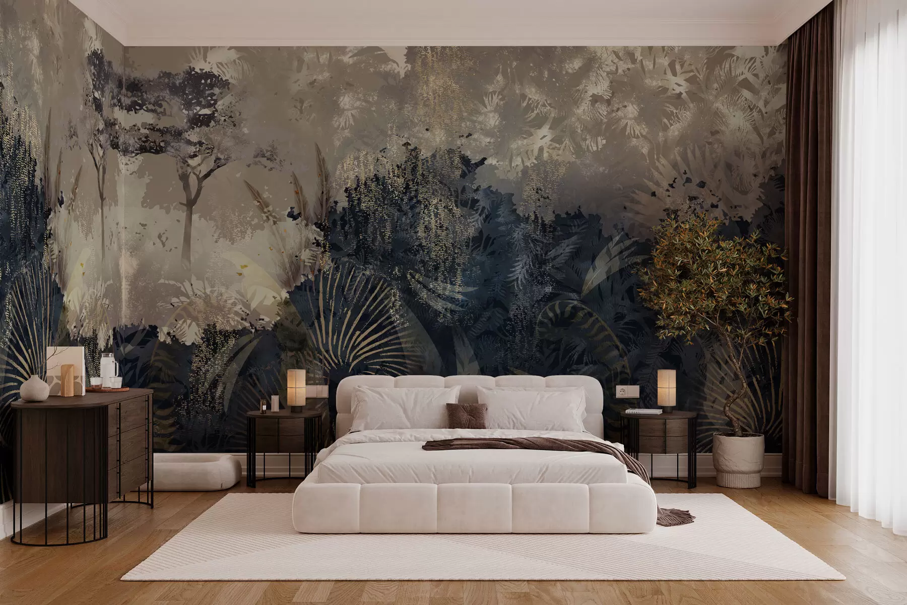 murales de pared África mágica con selva tropical y elementos vectoriales con tinte marrón w02643v1