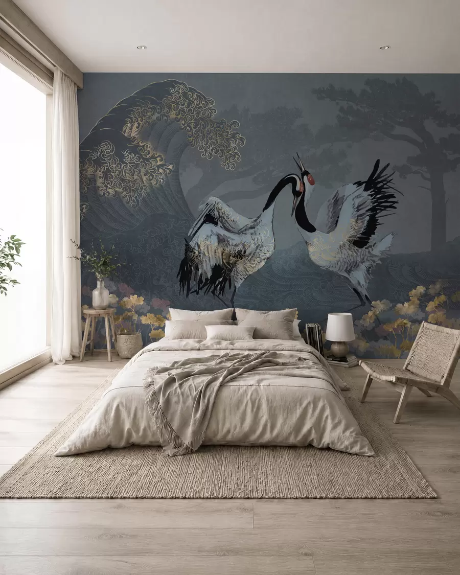 murales de pared Grullas, árboles y olas con elementos de estilo chino w02747