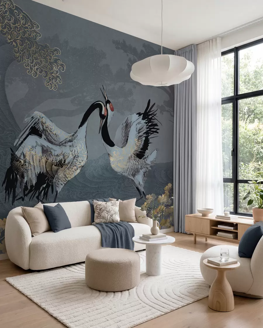 murales de pared Grullas, árboles y olas con elementos de estilo chino w02747