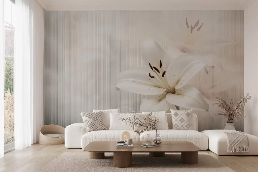 murales de pared Delicados lirios beige sobre un fondo de rayas verticales w08676