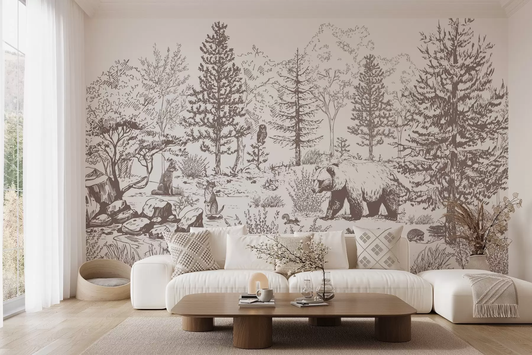 murales de pared Vida en el bosque, árboles, animales salvajes, oso, zorro, búho, arbustos, dibujo a lápiz, colores beige w02929