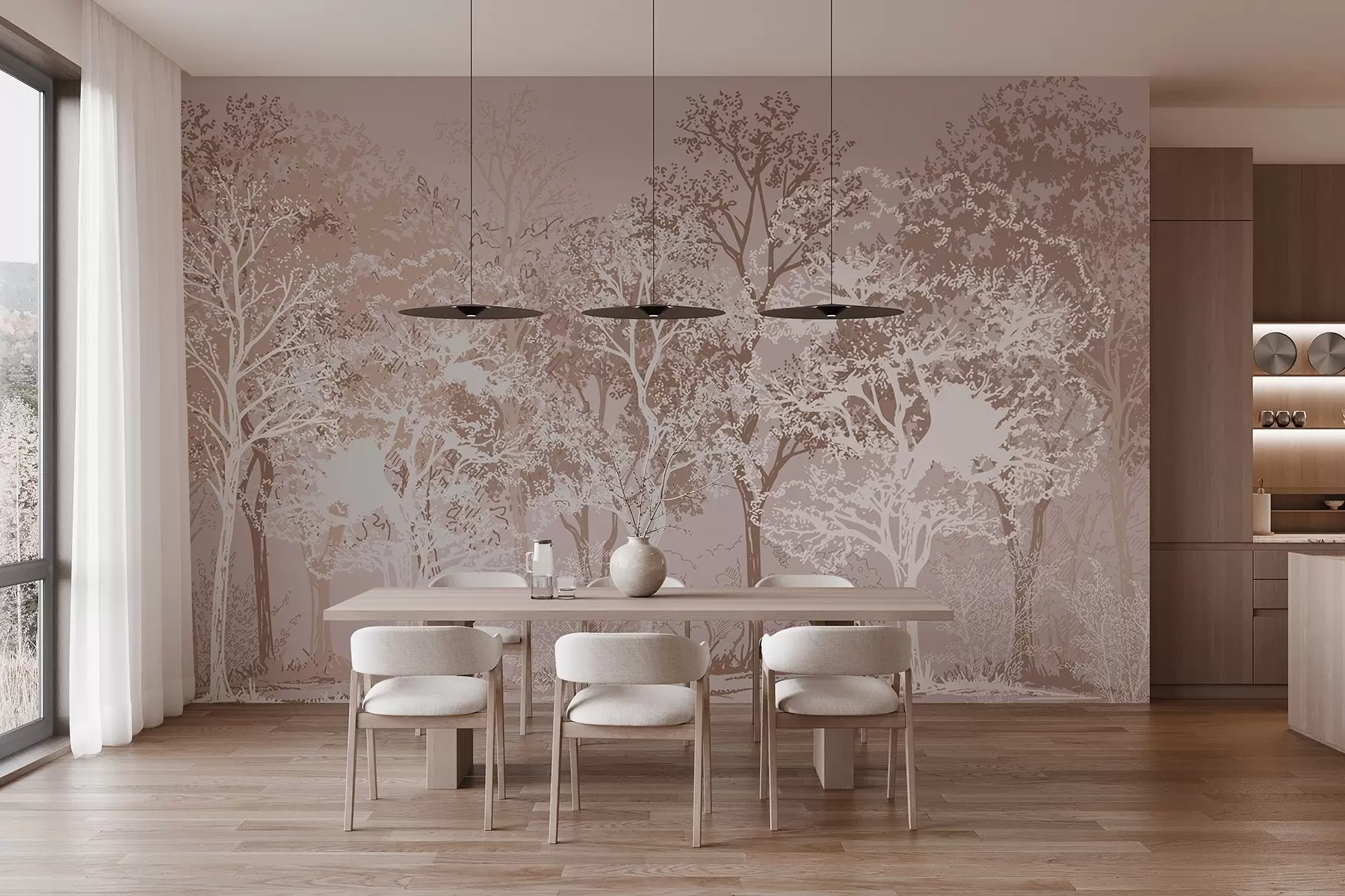 murales de pared Árboles en el bosque, minimalismo, naturaleza, paleta de colores beige w02930