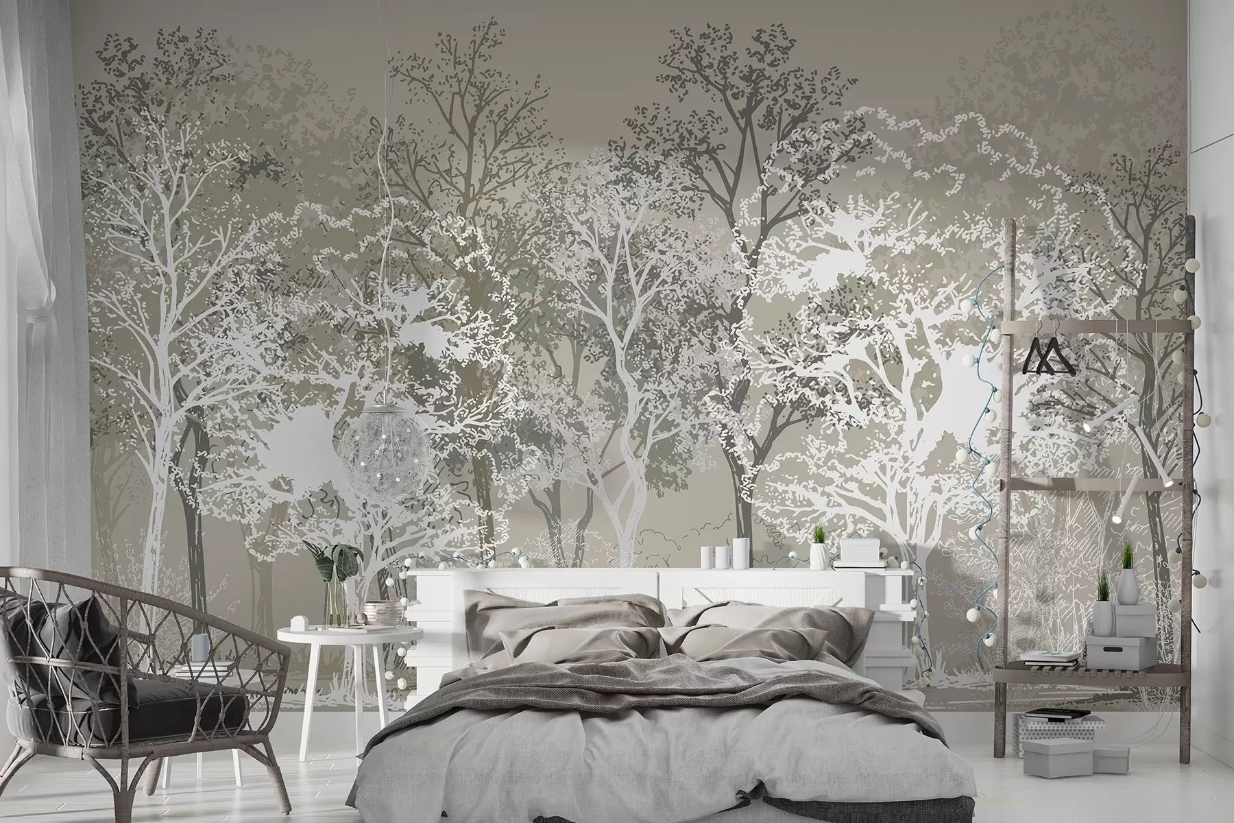 murales de pared Árboles en el bosque, minimalismo, naturaleza, paleta de colores verdes w02930v1