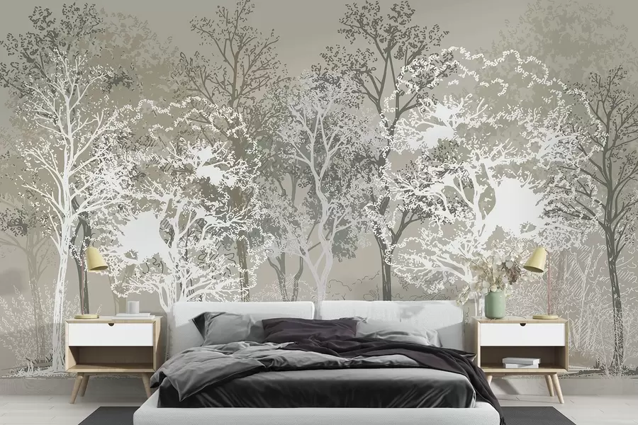 murales de pared Árboles en el bosque, minimalismo, naturaleza, paleta de colores verdes w02930v1