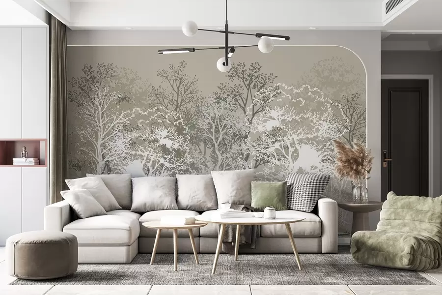 murales de pared Árboles en el bosque, minimalismo, naturaleza, paleta de colores verdes w02930v1