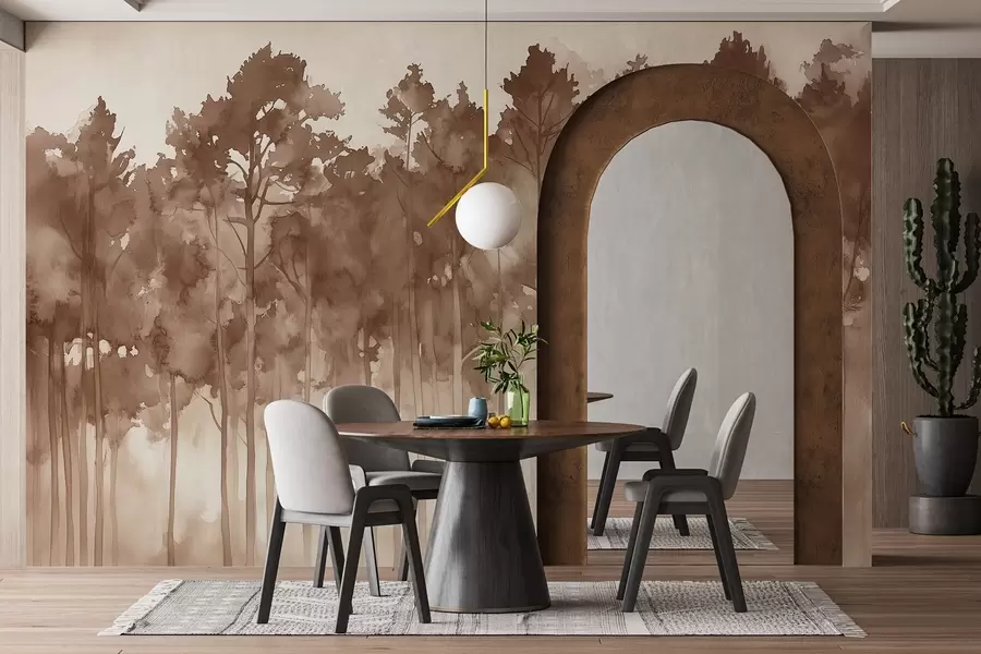 murales de pared Bosque estilo acuarela, pinos, paisaje natural, colores beige w02937v1