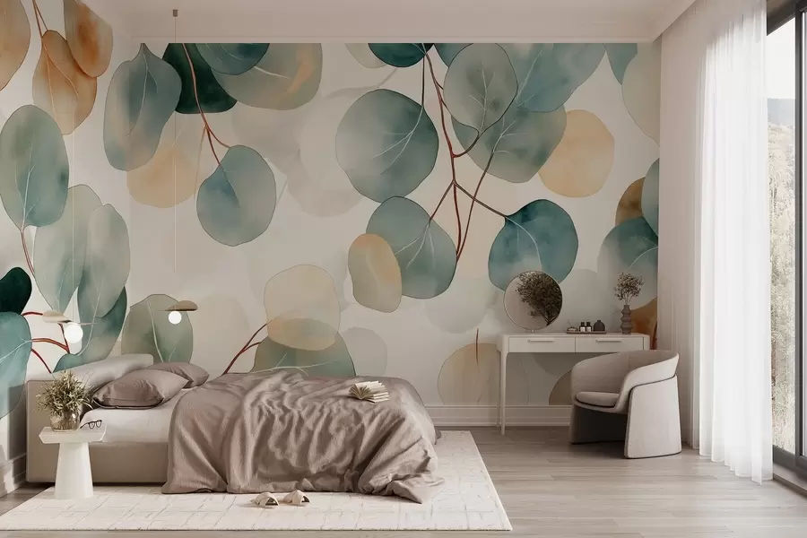 murales de pared Dibujo de eucalipto estilo acuarela, colores pastel suaves, floral w02938