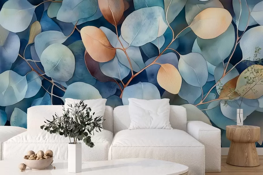 murales de pared Hermosas hojas de eucalipto, patrón floral, dibujo estilo acuarela w02939