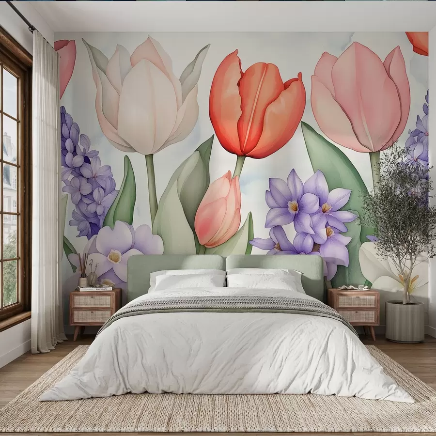murales de pared Flores de primavera, tulipanes, jacintos, dibujo estilo acuarela, floral w02940
