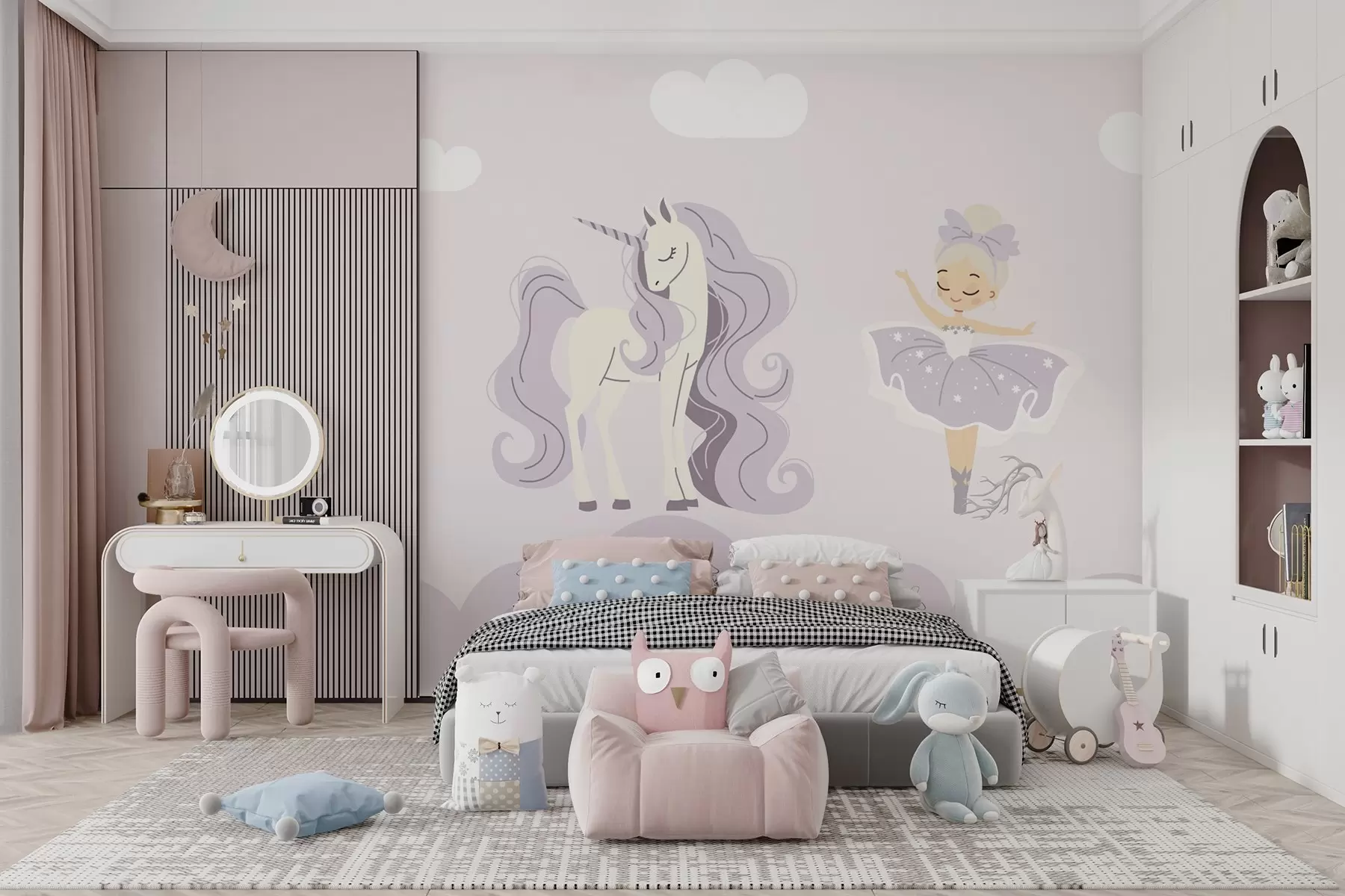 murales de pared Unicornio y bailarina en tonos rosas w02965v1