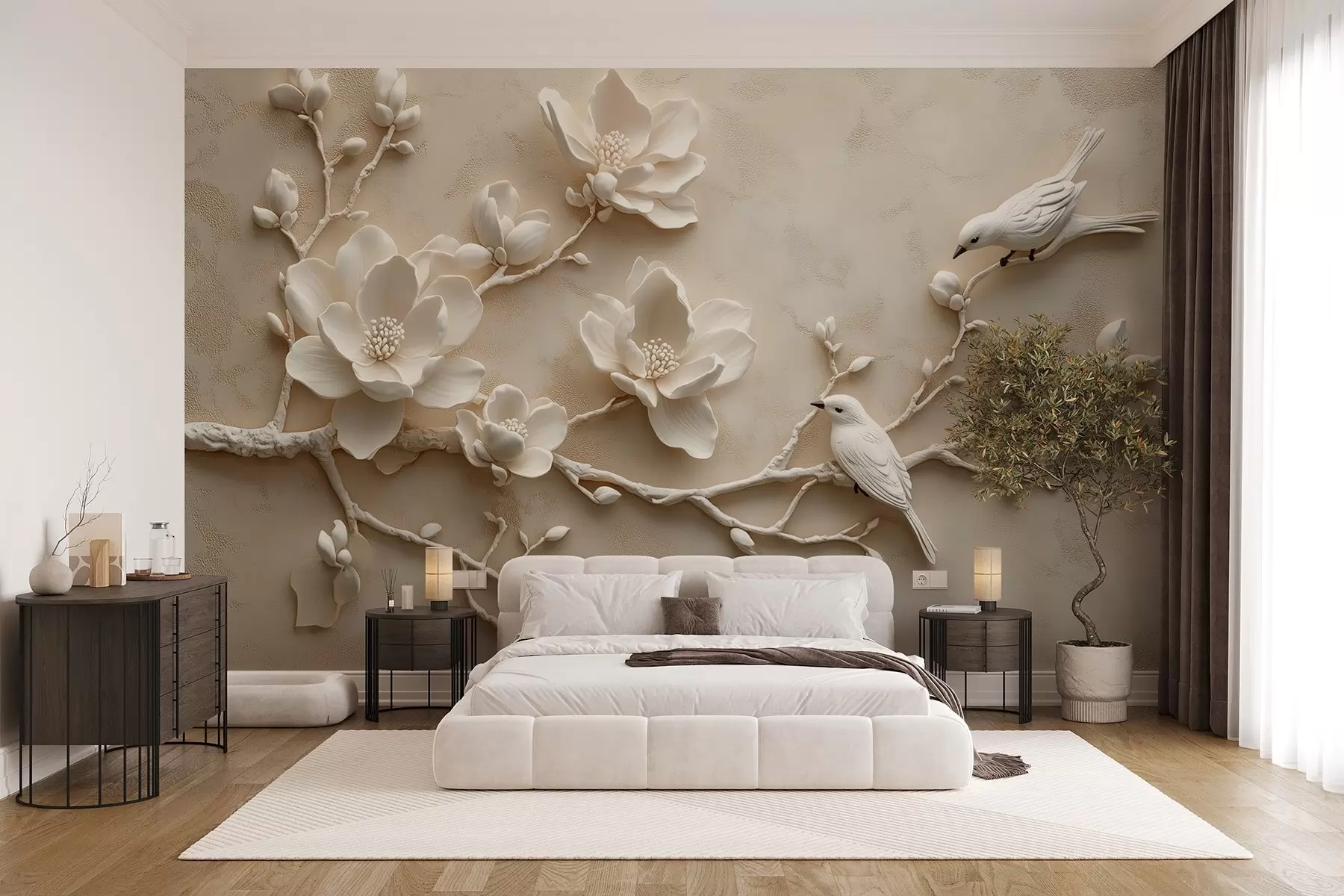 murales de pared ramas de magnolia en 3D con pájaros w08690