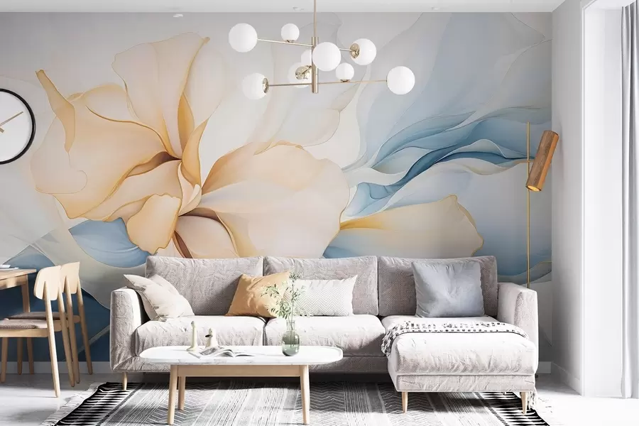 murales de pared Pétalos florales abstractos fluidos de formas translúcidas y superpuestas en colores pastel, en tonos melocotón y azul w08701