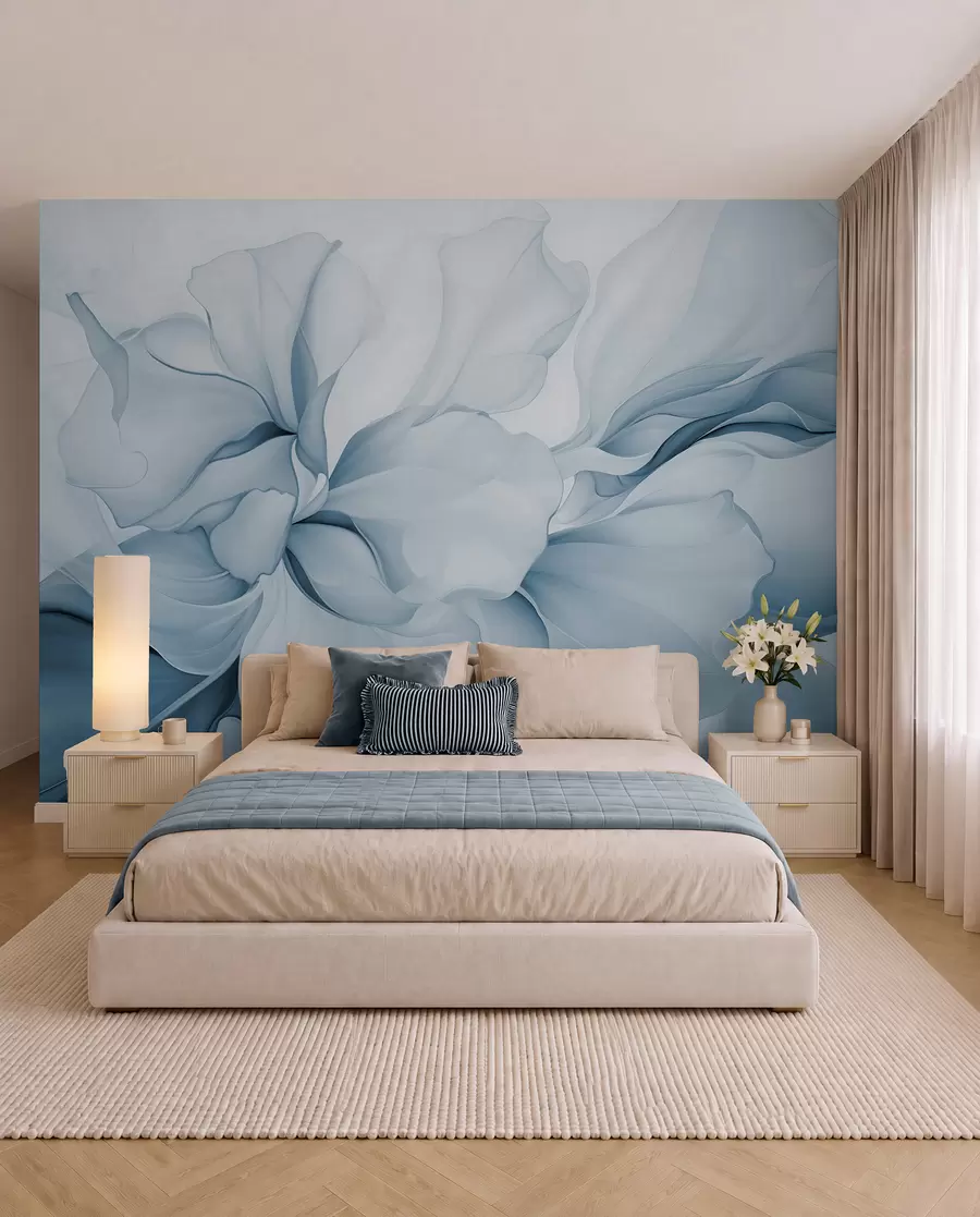 murales de pared Pétalos florales abstractos fluidos de formas translúcidas y estratificadas en colores pastel, en tonos azules w08701v2