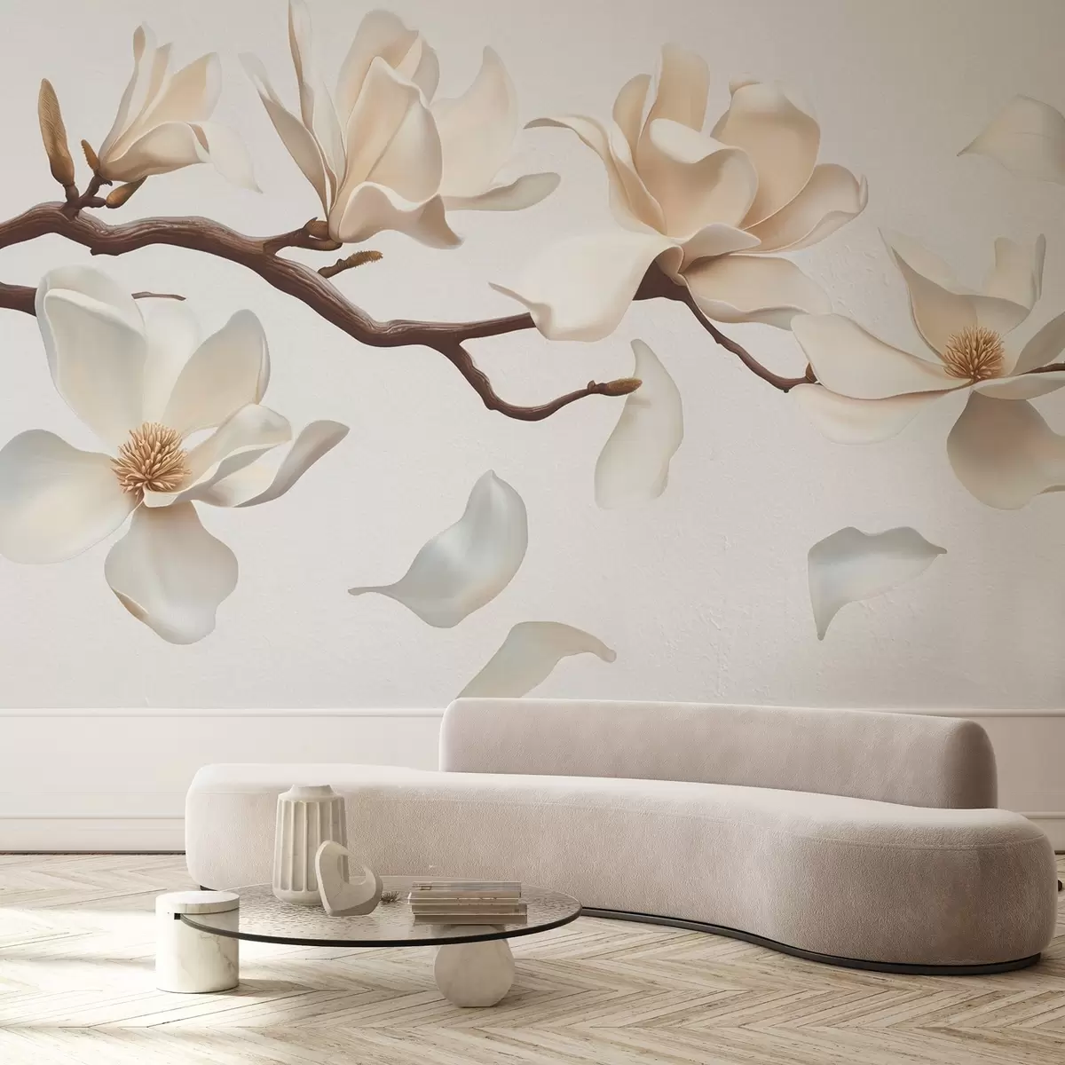 murales de pared Una rama de árbol con delicadas flores de magnolia y pétalos que caen w08706