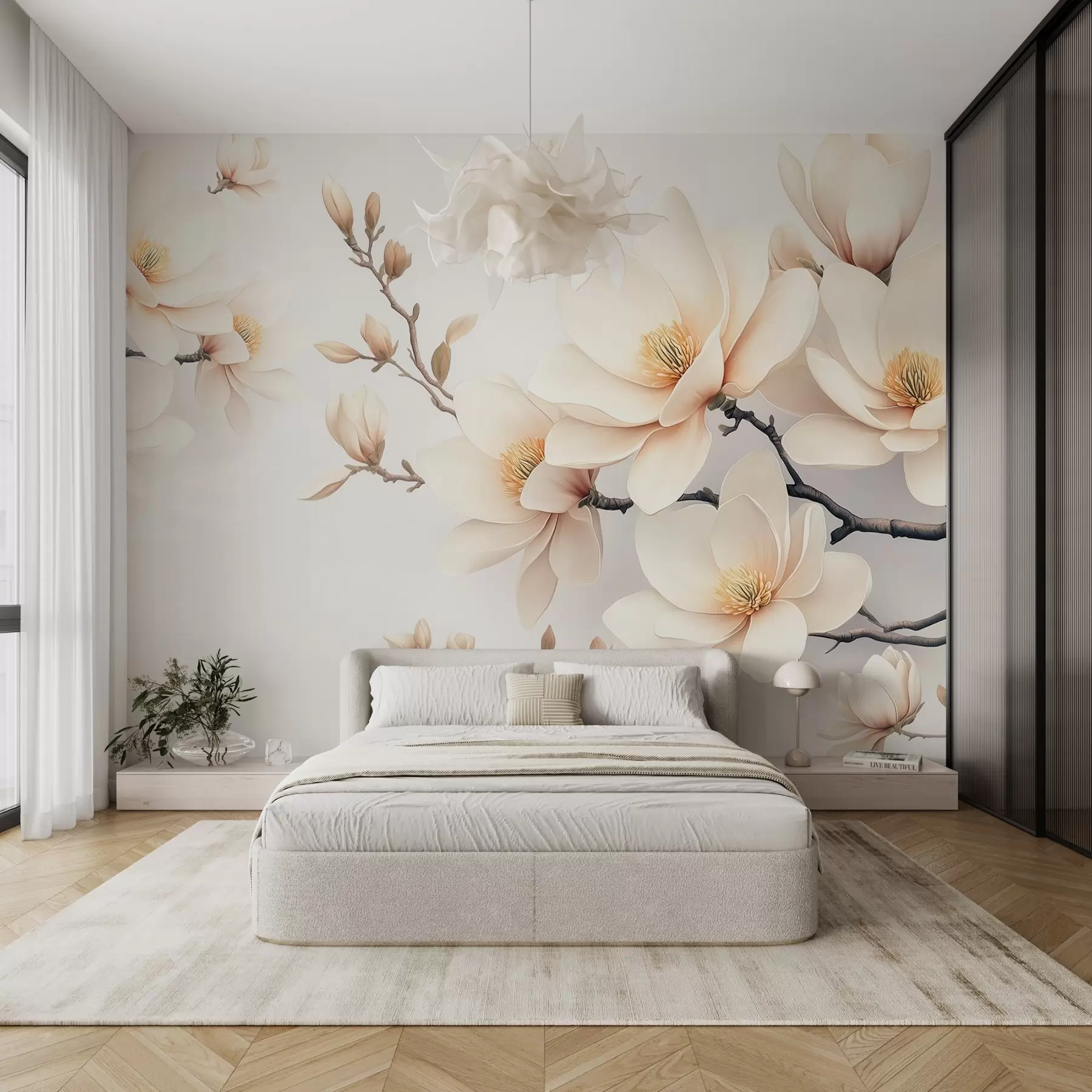 murales de pared Preciosas flores de magnolia de color crema sobre fondo blanco w08721