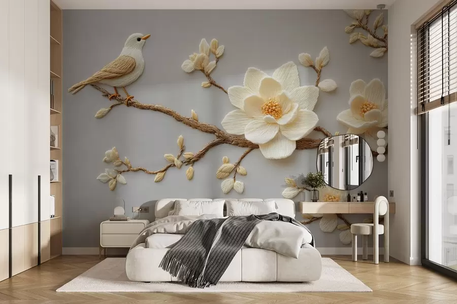 murales de pared En el estilo de las flores de magnolia bordadas con un pájaro en una rama sobre un fondo azul claro w08724