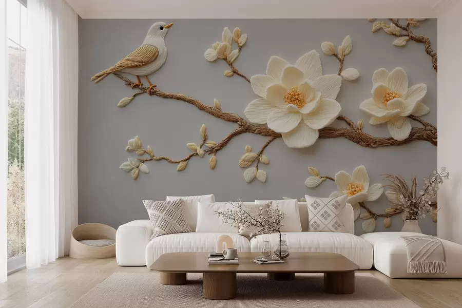 murales de pared En el estilo de las flores de magnolia bordadas con un pájaro en una rama sobre un fondo azul claro w08724