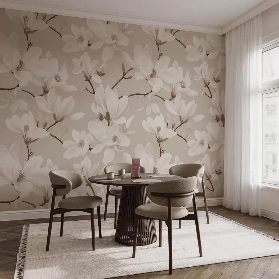 murales de pared Estampado de flores blancas de magnolia, en tonos beige, hojas y ramas blancas w08726v1