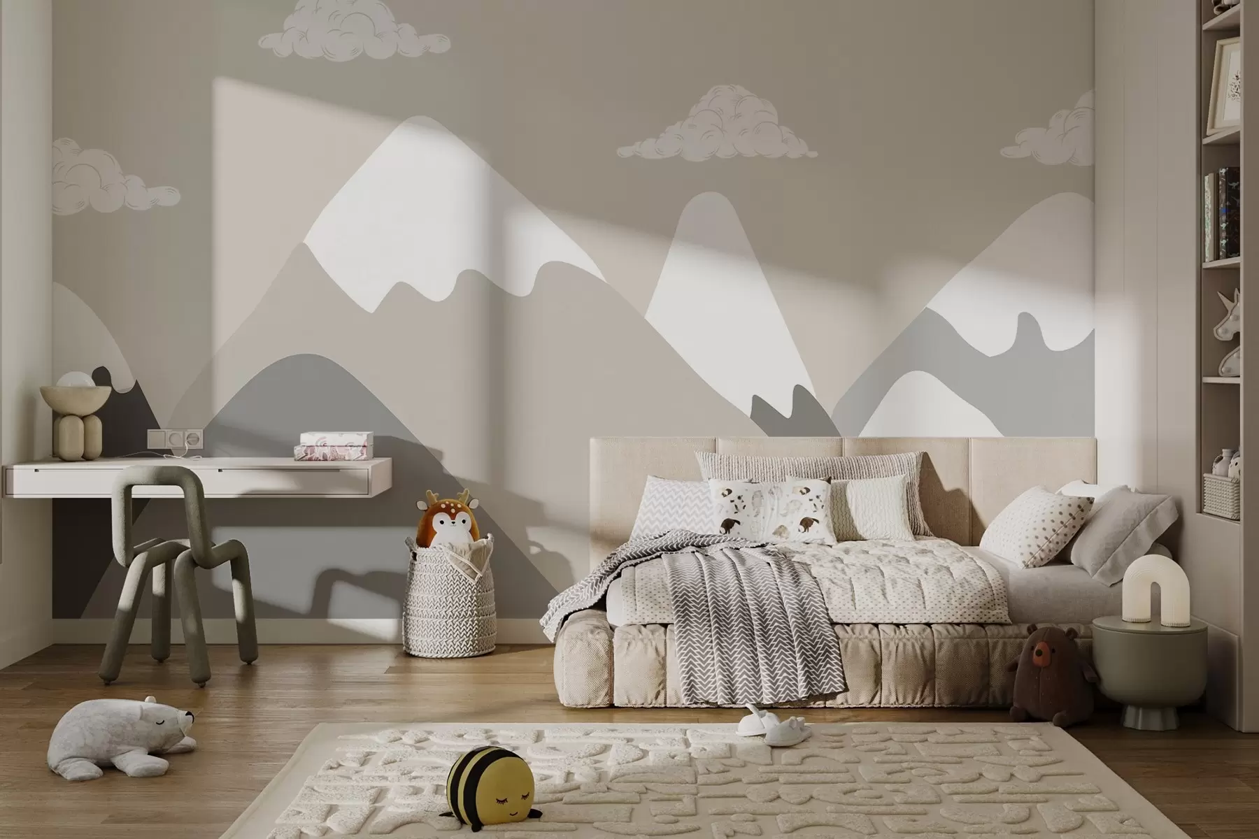 murales de pared Paisaje montañoso minimalista con picos nevados en tranquilos tonos gris-beige, complementados por suaves nubes blancas w03040v1