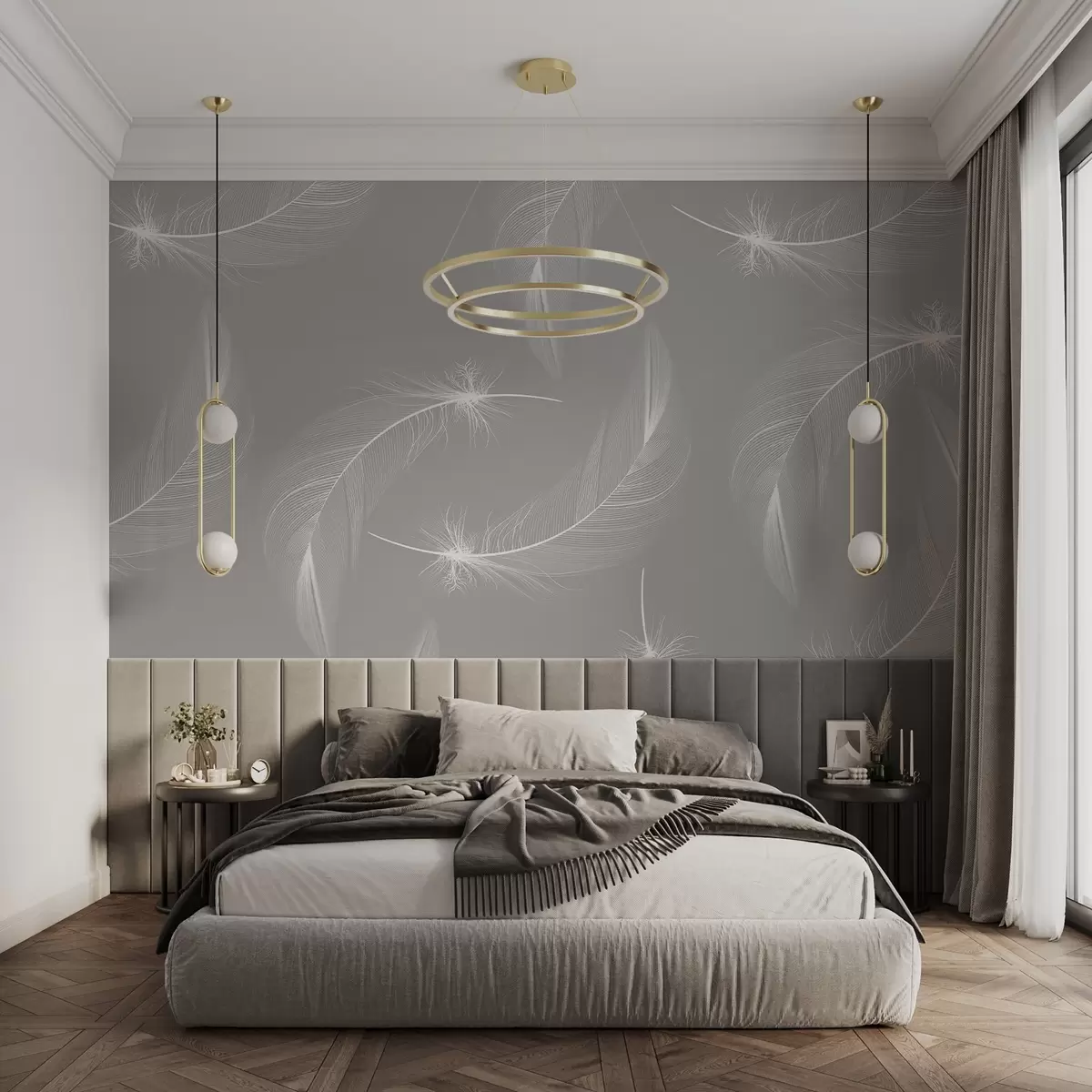 murales de pared Plumas sobre fondo gris, plumas blancas claras w03043v1