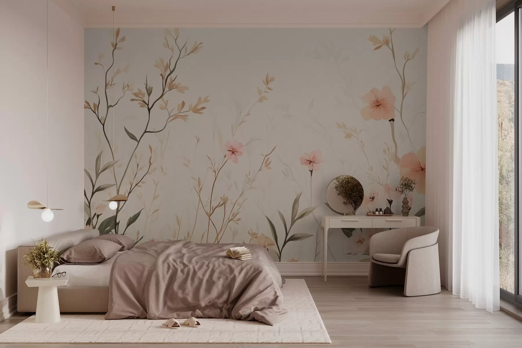 murales de pared flores silvestres con flores de melocotón w03009