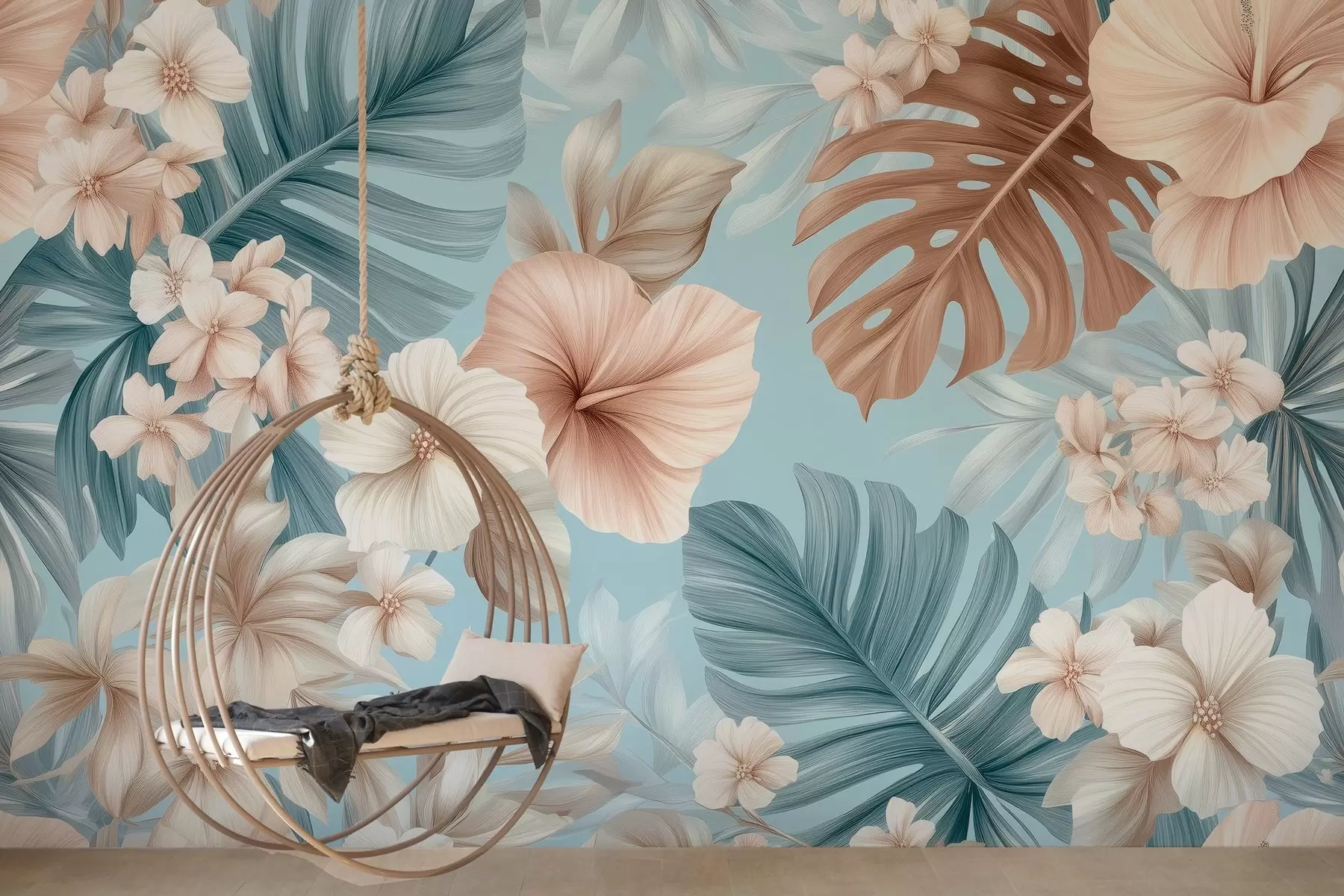 murales de pared estampado tropical con grandes hojas y flores en tonos azul pastel y beige w03013