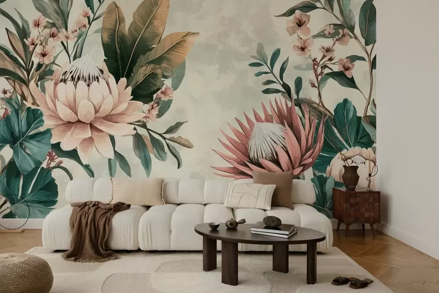 murales de pared plantas exóticas, hojas de palmera y flores de protea inspiradas en el vintage w03015